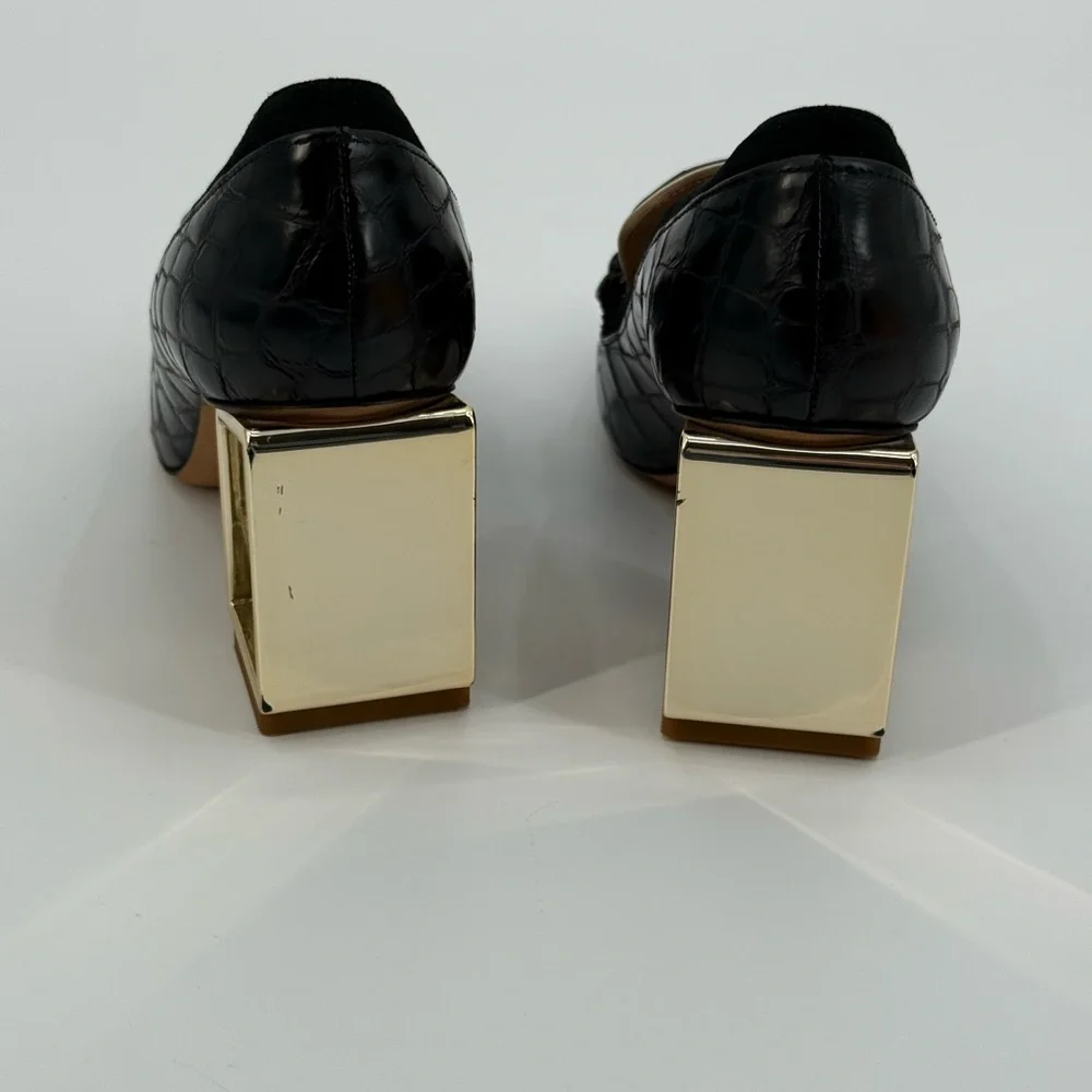 Tory Burch Jessa Black Croc Texture Square Toe Loafers Gold Architectural Heel